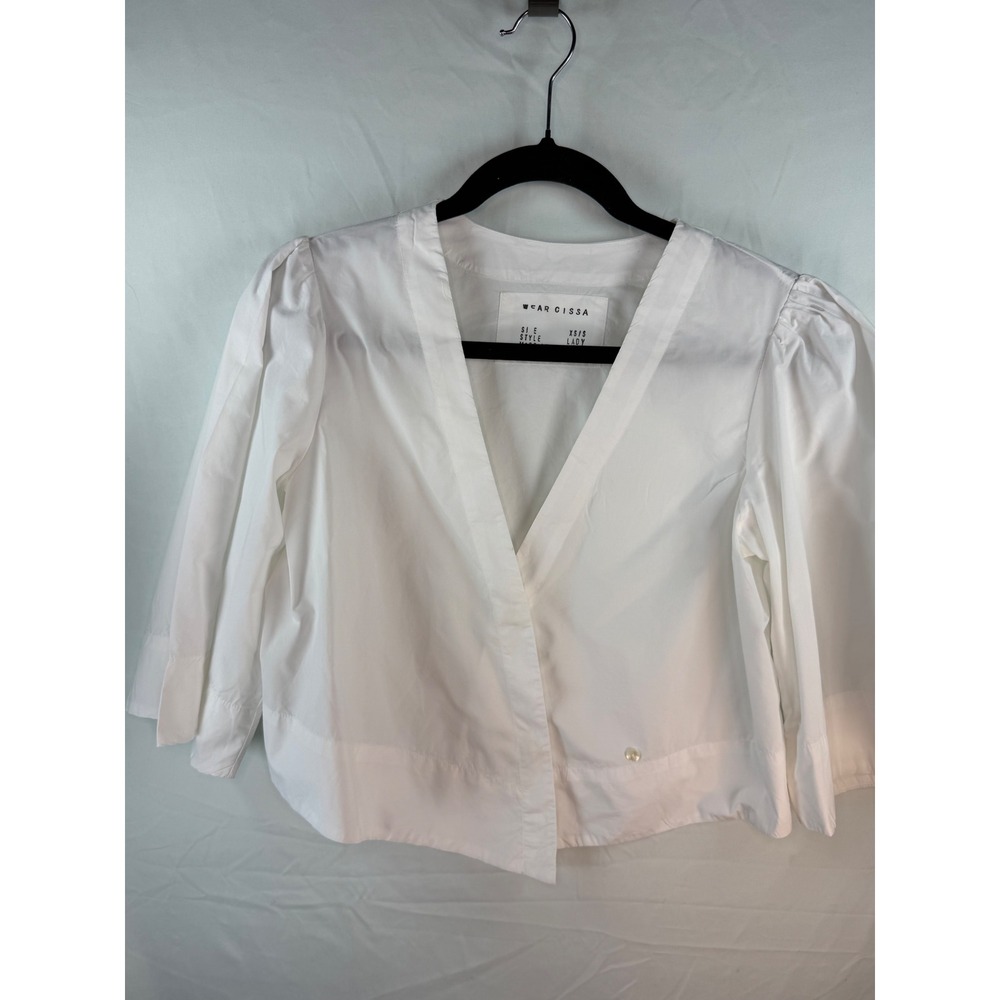 Wear Cissa White Cotton V-Neck Puff Sleeve Crop Wrap Top XS/S Made‎ in LA